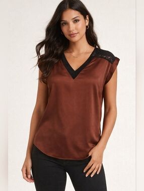Express Satin Lace Blouse Small Rust Brown Chic Work Top